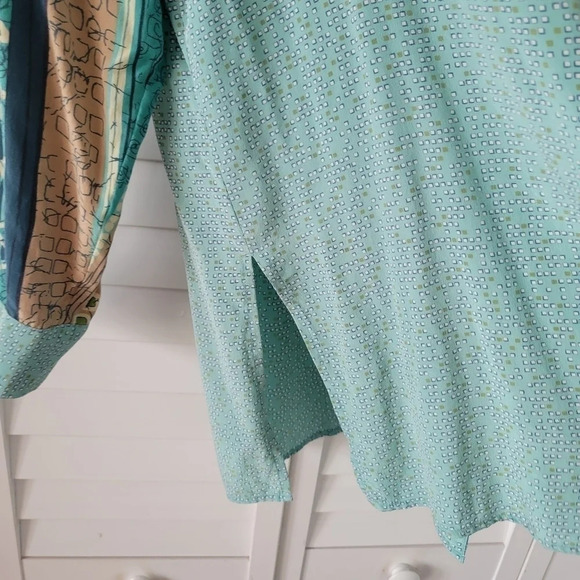 KOOS Blue Geo Print Vintage 100% Silk Button-up Long-Sleeve Tunic Shirt Size L - Picture 7 of 11